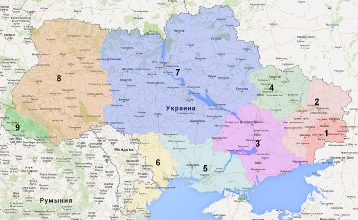 Карта современной Украины.  Разделение страны по приоритетам.
