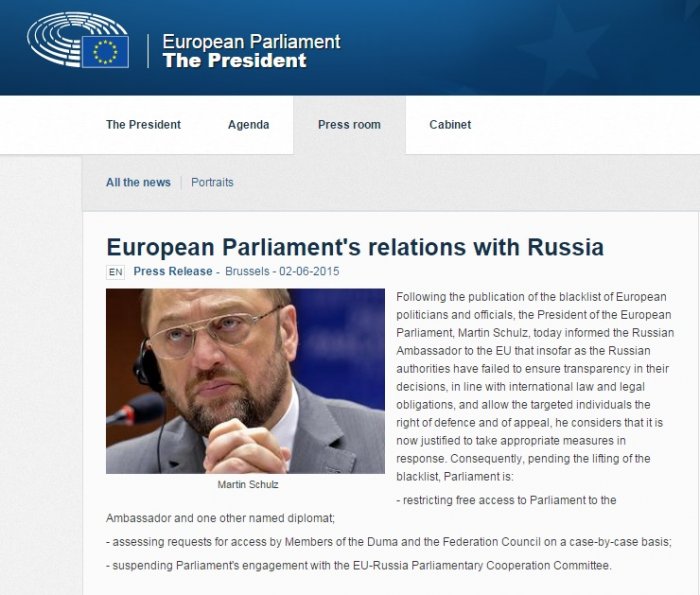 Приостановлено сотрудничество Европарламента с Россией